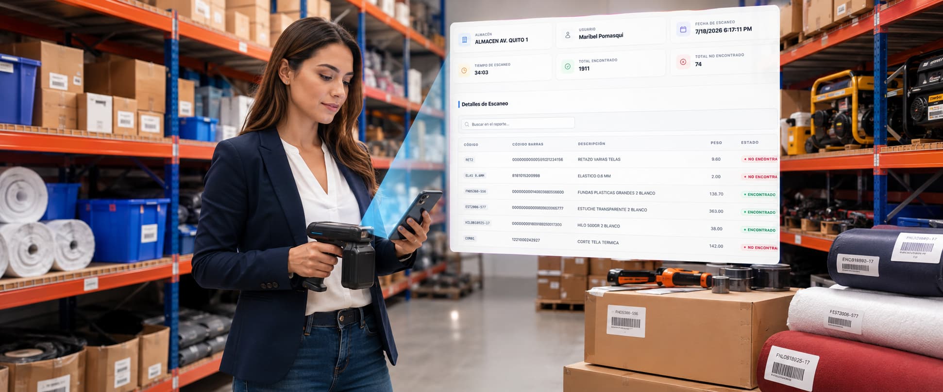Profesional usando tecnología RFID Makila para escaneo de inventario en bodega