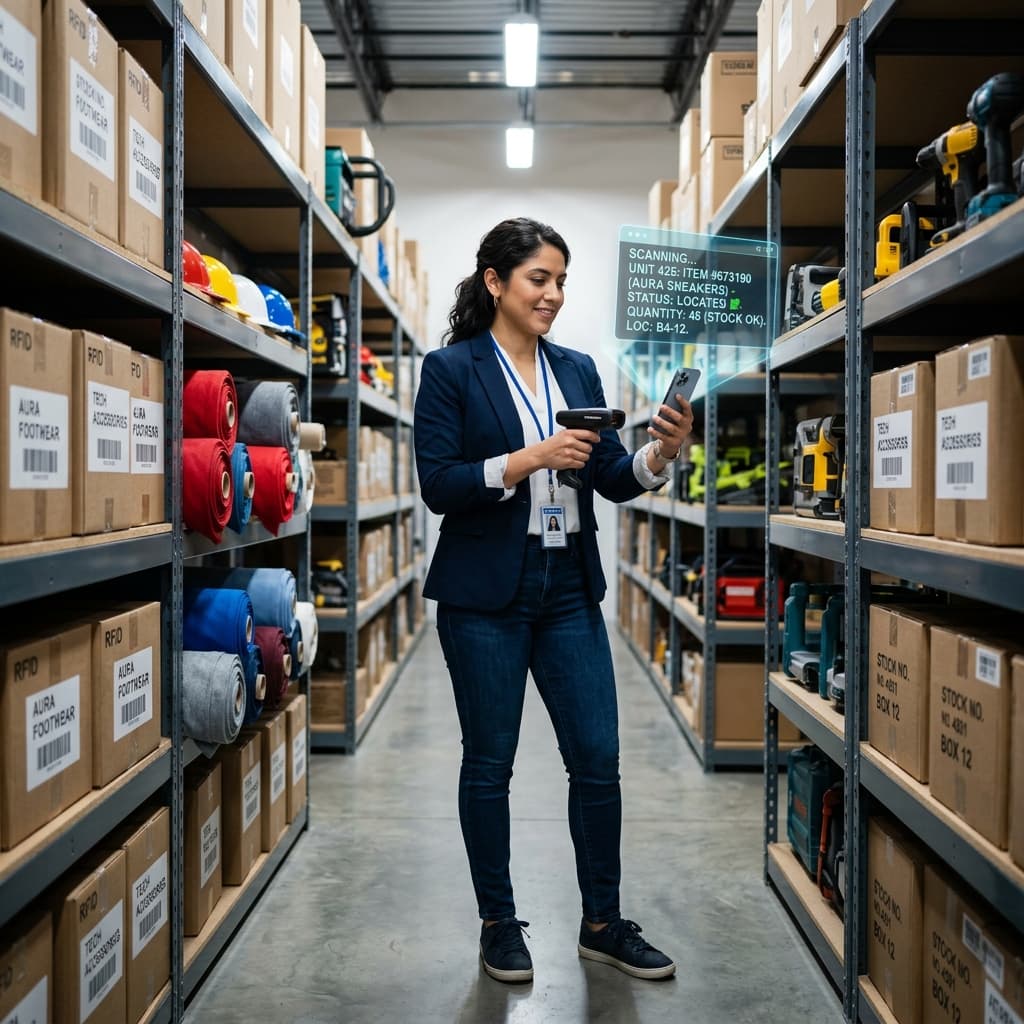 Profesional usando tecnología RFID Makila para escaneo de inventario en bodega